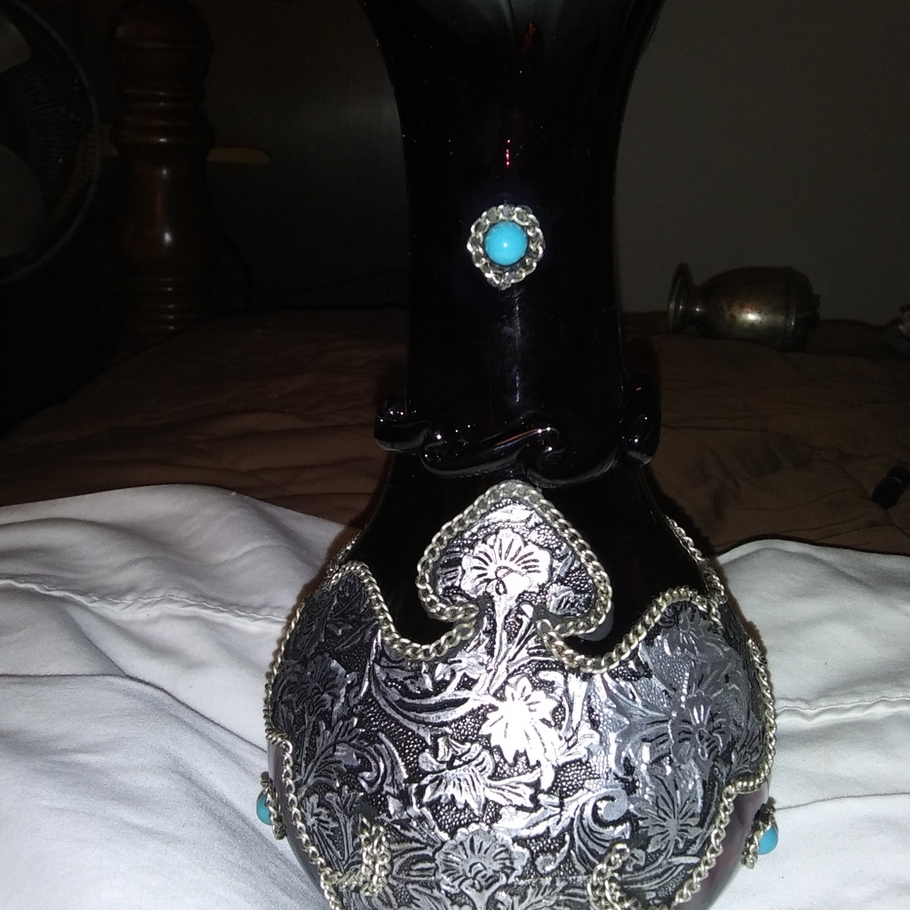 12 inch tall glass, silver overlay with turquoise